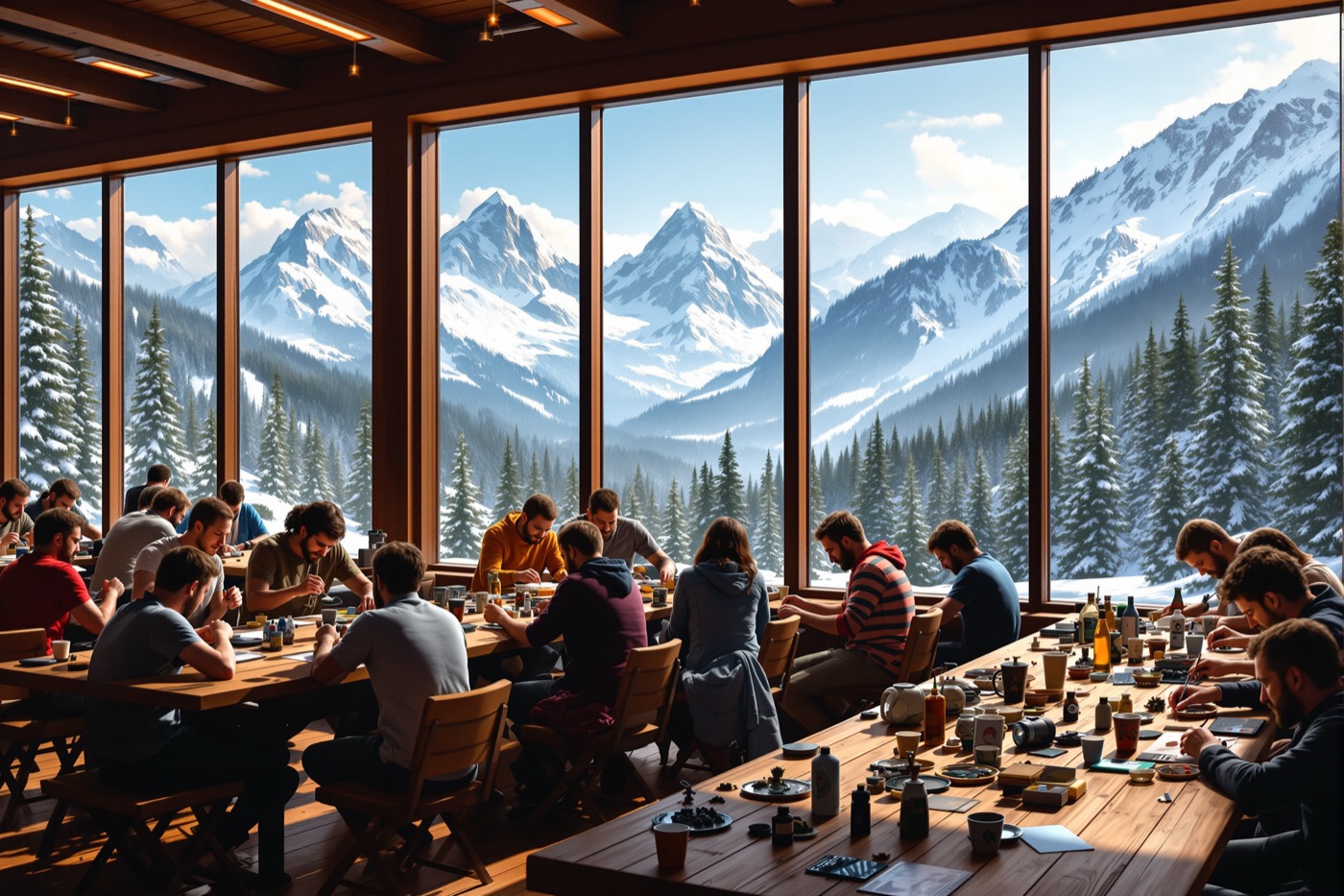 Mountain-town game convention with painted miniatures and Rocky Mountain views